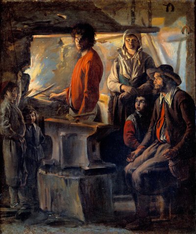 Smeden eller marekalen i sin smedje Marechaljernet og hans familie, ved siden af ham en ambolt. Maleri af Ludvig den Nain (1593-1648) 1600-tallet søn. 0,69x0,57 m af Louis le Nain