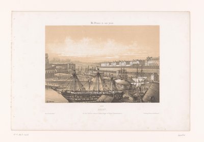 Udsigt over Arsenal ved havnen i Brest brest. Vue des Corderies hautes et basses, Bagne og Hôpital Clermontonnerre (titel på objektet) Contemporary France (serietitel) La France de nos jours (serietitel på objekt) af Louis Le Breton