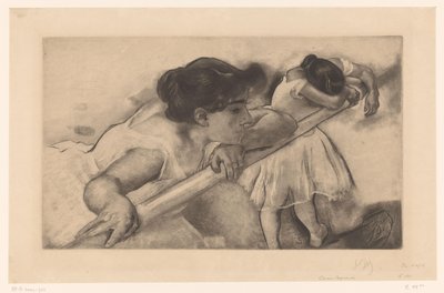 To ballerinaer ved en ballet barre En nage (titel på objekt) Unge ballerinaer (serietitel) Les Petites du ballet (serietitel) af Louis Legrand (signed by artist)