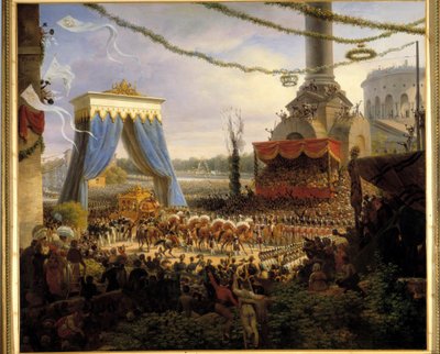 Entre de Charles X à Paris efter kroningen den 6/06/1825. Den kongelige vogn blev hilst velkommen ved Barriere de la Villette af det kommunale organ i Paris med i spidsen præfekten af departementet Seinen, greven af Chabrol Maleri af Louis Fra af Louis Lejeune
