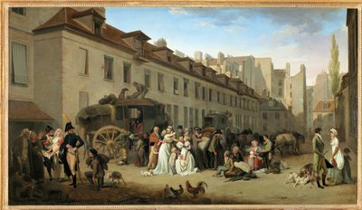 Ankomsten af en bus i gården til Messageries, rue Notre-Dame-des-Victoires, i Paris ... af Louis Leopold Boilly