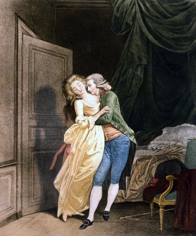Blød modstand. En mand gør fremskridt til en meget elegant ung kvinde. Gravering af Boilly af Louis Leopold Boilly