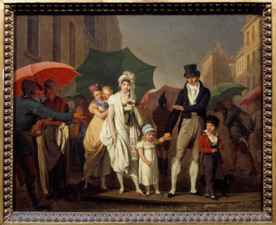 Bourgeois-bruserne på Parisisk Premier Empire-mode beskytter sig selv mod regnen. Maleri af Louis leopold Boilly (1761-1845) 1800-tallet søn. 0,32x0,4 m - Regnen. Parisere borgerlige klædt i First Empire mode beskytter sig selv fr af Louis Leopold Boilly