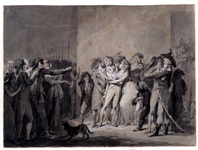 Anholdelsen af Charlotte Corday (1768-1793) efter mordet på Marat Tegning af Louis Leopold Boilly (1761-1845) Paris fra det 19. århundrede, Musee Carnavalet af Louis Leopold Boilly