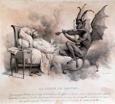 Drømmen om den italienske komponist Giuseppe Tartini, der så en djævel, der spillede violin, som skulle blive til Djævelens trillesonate (Illustration af Louis Leopold Boilly