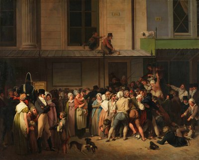 Indgangen til Théâtre de lAmbigu-Comique på dagen for et gratis show, ca 1819. af Louis Leopold Boilly
