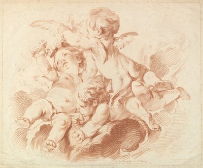 LAir The Air: A Group of Three Putti on Clouds, 1700-tallet. af Louis Marin Bonnet
