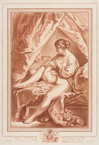 Ung kvinde siddende på en seng, før 1764. af Louis Marin Bonnet