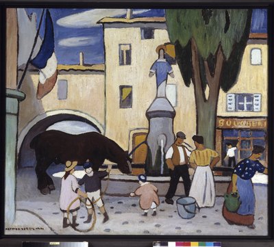 Trets-fontænen med en sort hest Maleri af Louis-Mathieu Verdilhan (1875-1928) 20. århundrede Obligatorisk omtale: Samlingsstiftelsens hilsener fra Provence, Marseille af Louis Mathieu Verdilhan