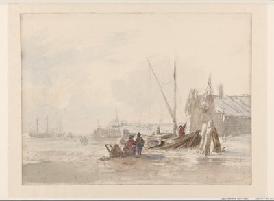 Strandscene med fiskere ved en båd i forgrunden af Louis Meijer