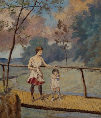 To piger på en bjælkebro af Louis Michel Eilshemius