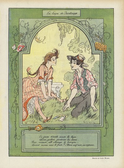 Lektionen i havearbejde. Illustration til Le Rire (farvelitografi) af Louis Morin