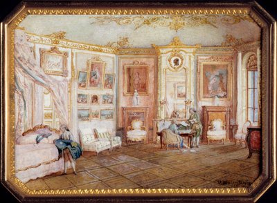 Låg på en tabatiere af Alexandre Leferre (ca. 1806-ca. 1838) dekoreret af et miniaturemaleri af Louis Nicolas Van Blarenberghe (1716-1794), der repræsenterer et rum under Ludvig XV. Omkring 1770. Søn 0,02x0,08x0,06 m Paris, musee du Louvre af Louis Nicolas van Blarenberghe