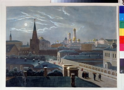 Udsigt over Kreml i Moskva. Tegning af Louis Pierre Alphonse Bichebois (1801-1850). Litografi farvet i akvarel, ca. 1830-1840, fransk kunst, klassicisme. A. Pushkin Memorial Museum, Sankt Petersborg. ©FineArtImag af Louis Philippe Alphonse Bichebois