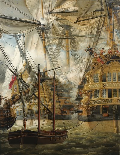 HMS Cumberland kæmper mod Le Lys og La Gloire. 1827 af Louis Philippe Crepin