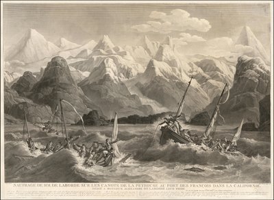 1786-gravering af et skibsvrag af to små både, der var en del af La Perouse-ekspeditionen af Louis Philippe Crepin