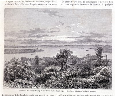 Sammenløbet af Mekong-floden og Lake Touli Channel - slap. Tegning af Sabatier ifølge hr. Mouhot. “Tour du monde” af Louis Remy Sabatier