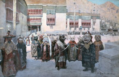 Forårsfestival i Himis-klosteret, Tibet (litho) af Louis Remy Sabattier
