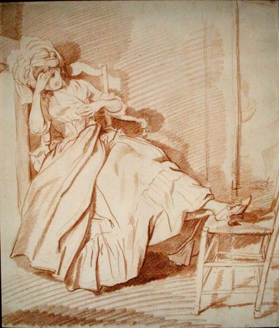 Studie af en sovende pige (rødt kridt på papir) af Louis Rolland Trinquesse