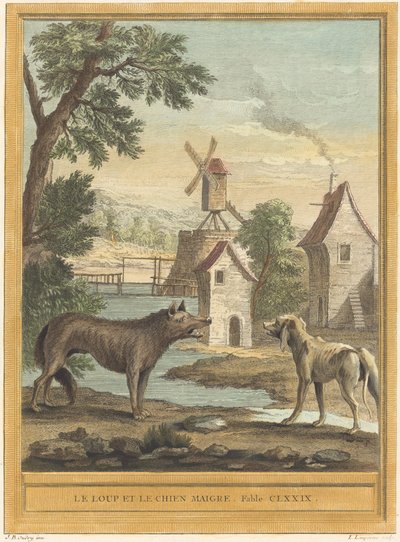 Ulven og den tynde hund af Louis Simon Lempereur after Jean Baptiste Oudry
