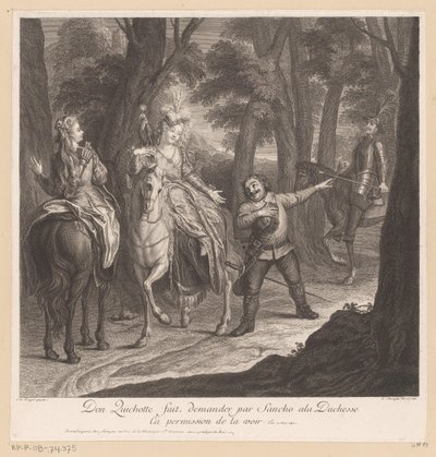 Don Quixote får Sancho til at bede hertuginden om tilladelse til at se hende Don Quichotte fait demander par Sancho ala Duchesse ca permission de la voir (titel på objektet) Historien om Don Quixote fra La Mancha (serietitel) af Louis Surugue