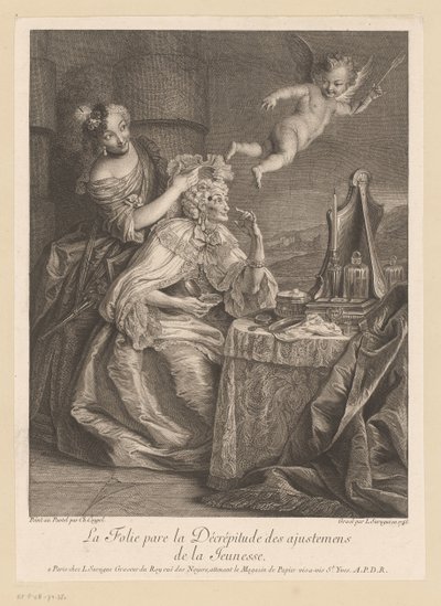Hofdame hjælper gammel dame med at camouflere tegn på ældning La Folie pare la Décrépitude des adjustments de la Jeunesse (titel på objekt) af Louis Surugue
