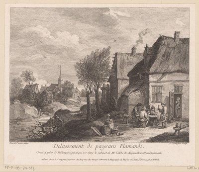 Flamsk landsbyscene med bønder, der spiller et kortspil Delassement de paysans Flamands (titel på objekt) af Louis Surugue