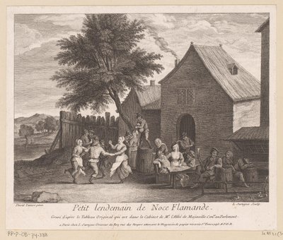 Flamsk landsbyscene med festselskab foran en kro Petit lendemain de noce Flamande (titel på objekt) af Louis Surugue