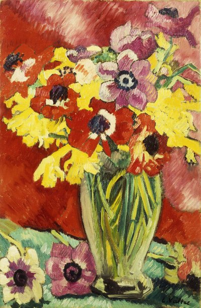 Krystalvase med anemoner og påskeliljer; Vase Cristal, Anemones og Jonquilles af Louis Valtat