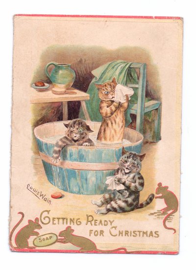 Et victoriansk julekort med to katte i et badekar, mens to mus leger med en sæbe, ca. 1880 af Louis Wain