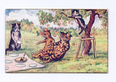 Et victoriansk lykønskningskort med et æble, der falder på to katte på en picnic, ca. 1880 af Louis Wain