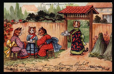 Dyr i menneskelig stilling. Kat i kimono drikker te i en japansk have. Postkort. Kromolitografi af Louis Wain (1860-1939), en engelsk kunstner kendt for sin skildring af katte med store øjne. Begyndelsen af ​​det 20. århundrede. Indsamling pr af Louis Wain