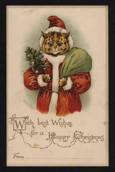 Kat som julemand, julehilsenskort (chromolitho) af Louis Wain