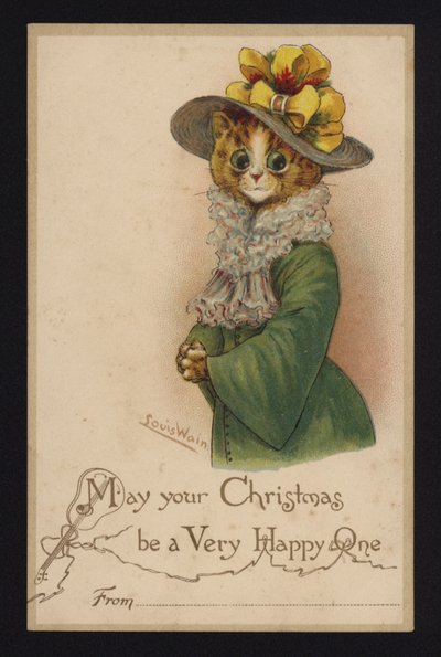 Kat iført en kvindes hat og frakke, julehilsenskort (chromolitho) af Louis Wain