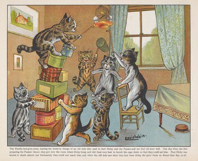 Katte, der leger med kasser i et rum. af Louis Wain