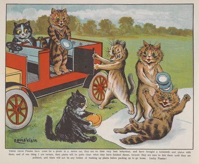 Katte gør klar til en picnic. af Louis Wain