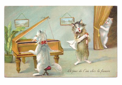 Edwardiansk postkort af en kat, der spiller klaver, og den anden synger, mens en tredje kigger ca. 1910 af Louis Wain