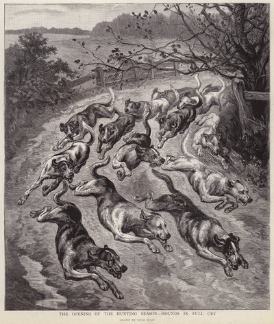 Hunde i fuld græde i starten af jagtsæsonen (litho) af Louis Wain
