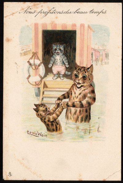 Vi udnytter det gode vejr. Dyr i menneskelig stilling. Kattehavbad på ferie. Postkort. Kromolitografi af Louis Wain (1860-1939), en engelsk kunstner kendt for sin skildring af katte med store øjne. Begyndelsen af ​​det 20. århundrede. Krave af Louis Wain