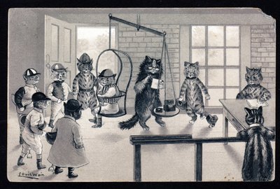 Vi udnytter det gode vejr. Dyr i menneskelig stilling. Kattejockey bliver vejet på en vægt. Postkort. Kromolitografi af Louis Wain (1860-1939), en engelsk kunstner kendt for sin skildring af katte med store øjne. Begyndelsen af ​​20 af Louis Wain