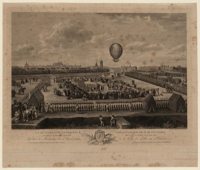 Ballonen af Jean-Pierre Blanchard stiger op fra Lille den 26. august 1785, 1785 af Louis Watteau