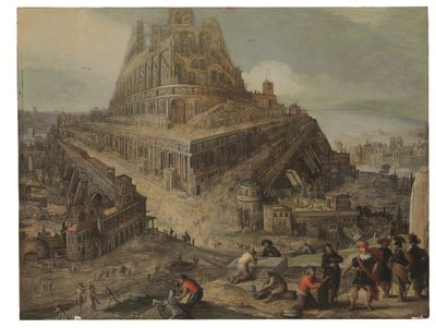 Kong Nimrod beordrer opførelsen af Babelstårnet (olie på panel) af Louis de (circle of) Caullery