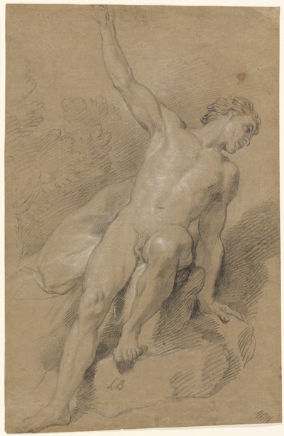 Nøgen mand siddende på sten af Louis de Boullogne the Younger