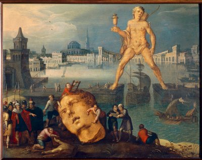 Verdens syv vidundere: "" The Colossus of Rhodes"" (Colosso di Rodi) Maleri af Louis de Caullery (kendt som Mesteren af Book of Skitser af Leningrad) (ca. 1580- efter 1621) 1600-tallets søn. 0,35x0,46 m af Louis de Caulery