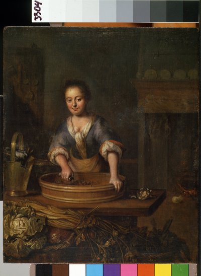 ""Kokken"" (Kokken) En ung kok i et landkøkken, der tilbereder kål. Maleri af Louis de Moni (1698-1771) Mikalojus Konstantinas Ciurlionis Fine Arts Museum, Kaunas, Litauen af Louis de Moni