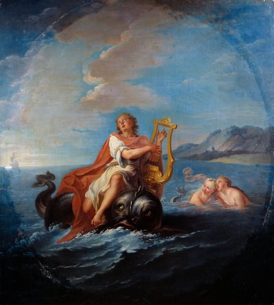 Arion spiller lyre. Arion de Methymne er en græsk digter fra det 7. århundrede f.Kr. Maleri af Louis De Silvestre (1675-1760) af Louis de Silvestre