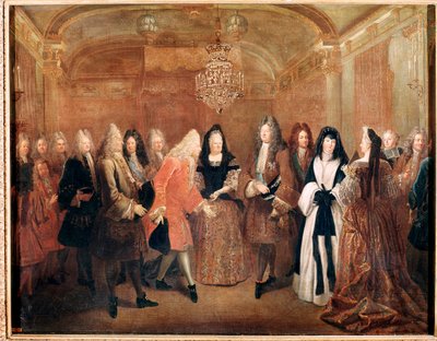 Kongen af Frankrig Ludvig XIV modtager prins Frederik Augustus I på slottet Fontainebleau (Maleri af Louis de Silvestre