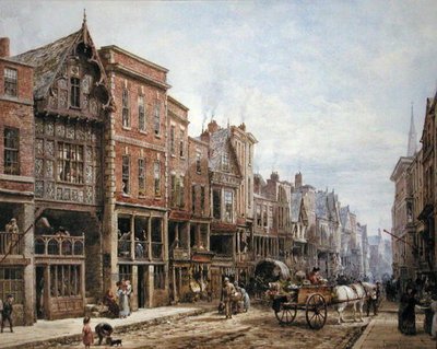 Watergate Street, Chester (akvarel med kropsfarve på papir) af Louise Ingram Rayner