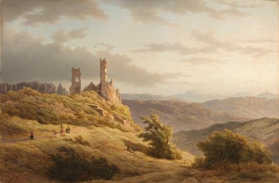 Bjerglandskab med en ruin af Louwrens Hanedoes