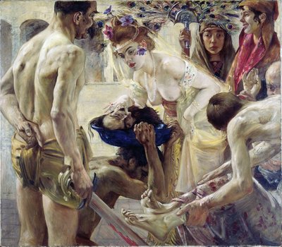 Salome. Den bibelske heltinde, i dansedragt, modtager Johannes Døberens hoved på et fad, som Herodes tilbyder hende som belønning for hendes charme. Maleri af Lovis Corinth (1858-1925), olie på lærred af Lovis (1858 1925) Corinth